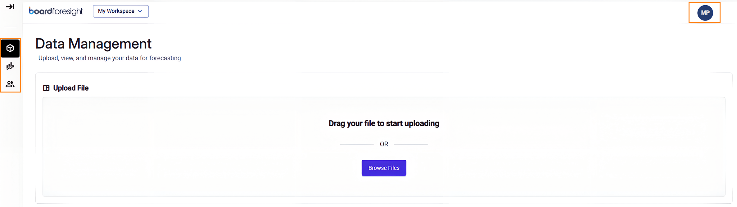 Data management interface showing file upload options and workspace navigation.